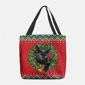 Frauen Filz Cartoon Festliche Klassische Farbe Weihnachtskranz Katze Muster Umhängetasche Handtasche Tote