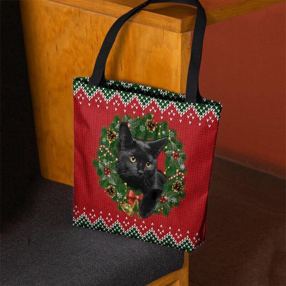 Frauen Filz Cartoon Festliche Klassische Farbe Weihnachtskranz Katze Muster Umhängetasche Handtasche Tote