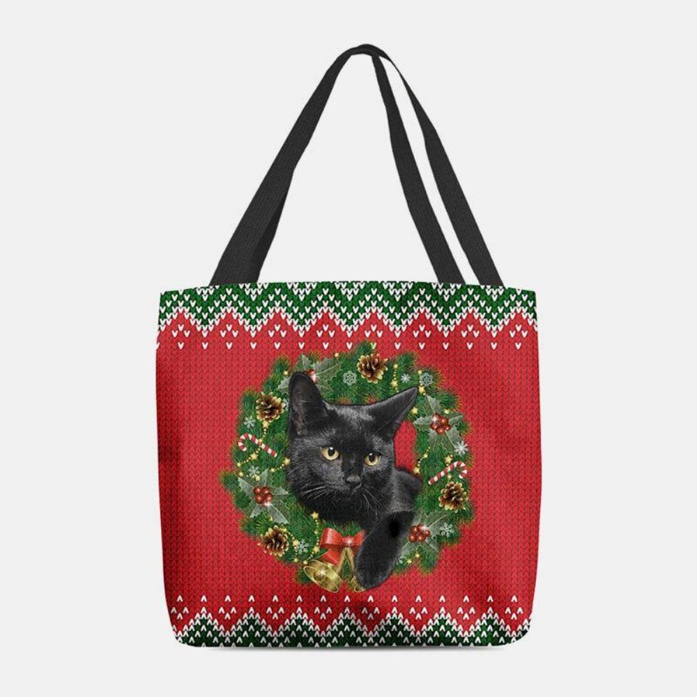 Frauen Filz Cartoon Festliche Klassische Farbe Weihnachtskranz Katze Muster Umhängetasche Handtasche Tote