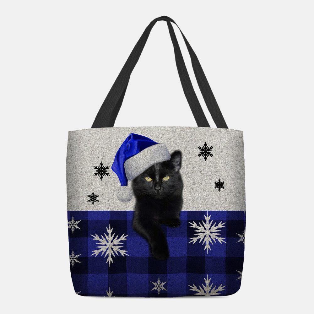 Frauen Filz Süße Cartoon Festliche Weihnachten Gekleidete Katze Schneeflocke Muster Umhängetasche Handtasche Tote