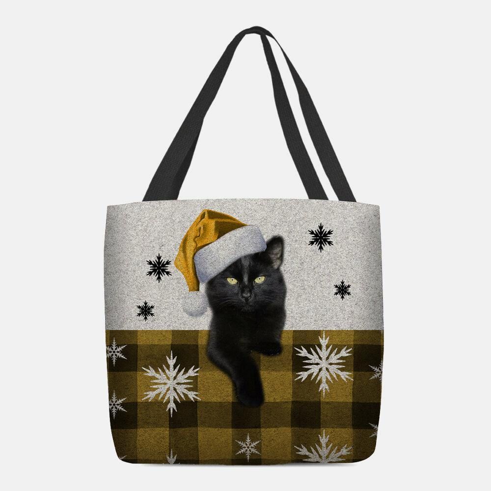 Frauen Filz Süße Cartoon Festliche Weihnachten Gekleidete Katze Schneeflocke Muster Umhängetasche Handtasche Tote