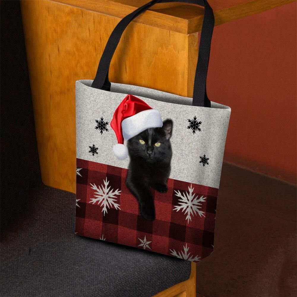 Frauen Filz Süße Cartoon Festliche Weihnachten Gekleidete Katze Schneeflocke Muster Umhängetasche Handtasche Tote