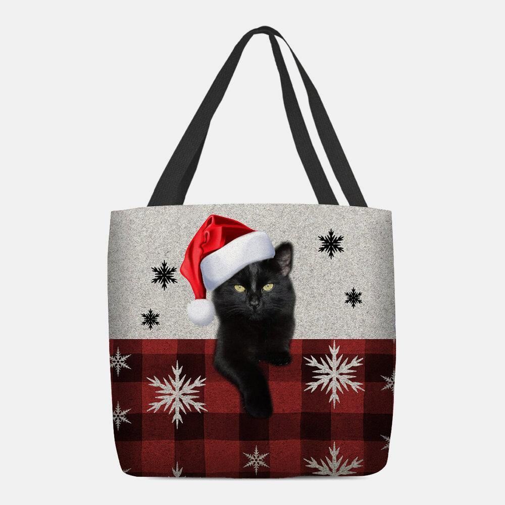 Frauen Filz Süße Cartoon Festliche Weihnachten Gekleidete Katze Schneeflocke Muster Umhängetasche Handtasche Tote