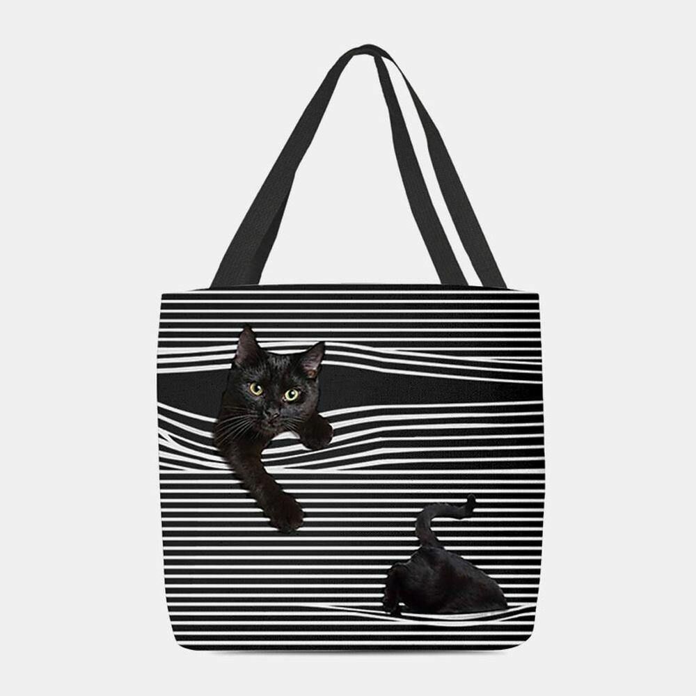 Frauen Fühlte Niedliche 3D Dreidimensionale Schwarze Katze Streifen Muster Umhängetasche Handtasche Tote