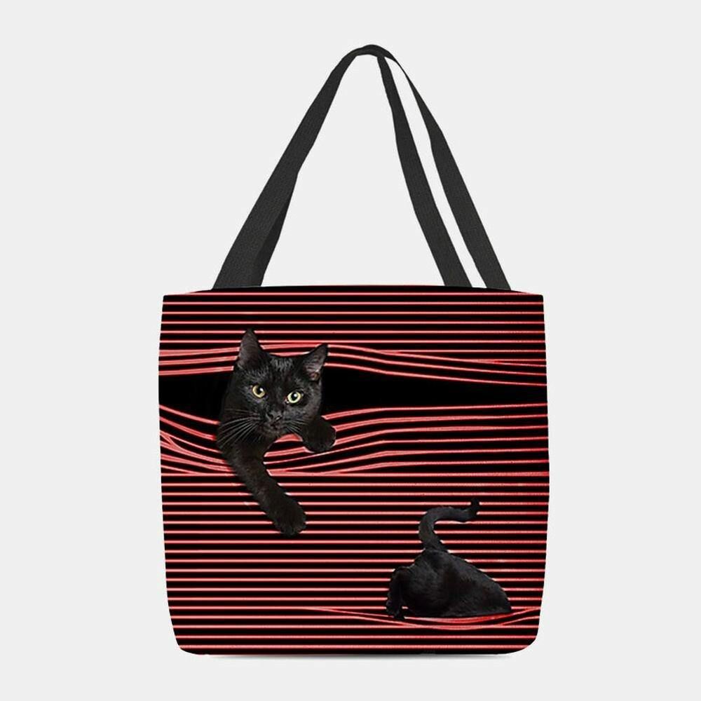 Frauen Fühlte Niedliche 3D Dreidimensionale Schwarze Katze Streifen Muster Umhängetasche Handtasche Tote