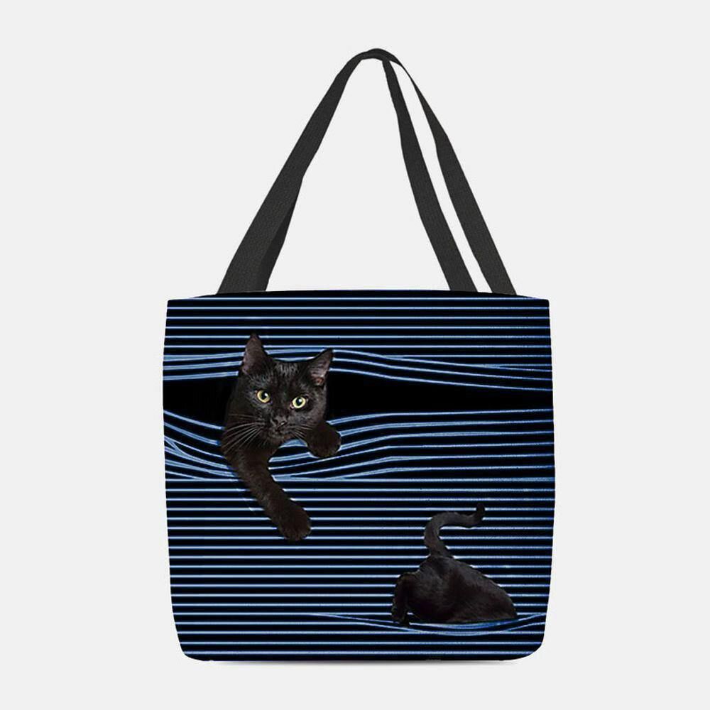 Frauen Fühlte Niedliche 3D Dreidimensionale Schwarze Katze Streifen Muster Umhängetasche Handtasche Tote