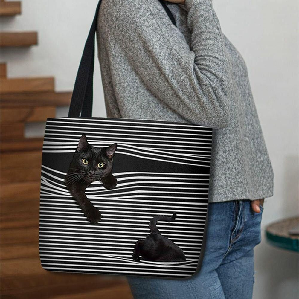 Frauen Fühlte Niedliche 3D Dreidimensionale Schwarze Katze Streifen Muster Umhängetasche Handtasche Tote