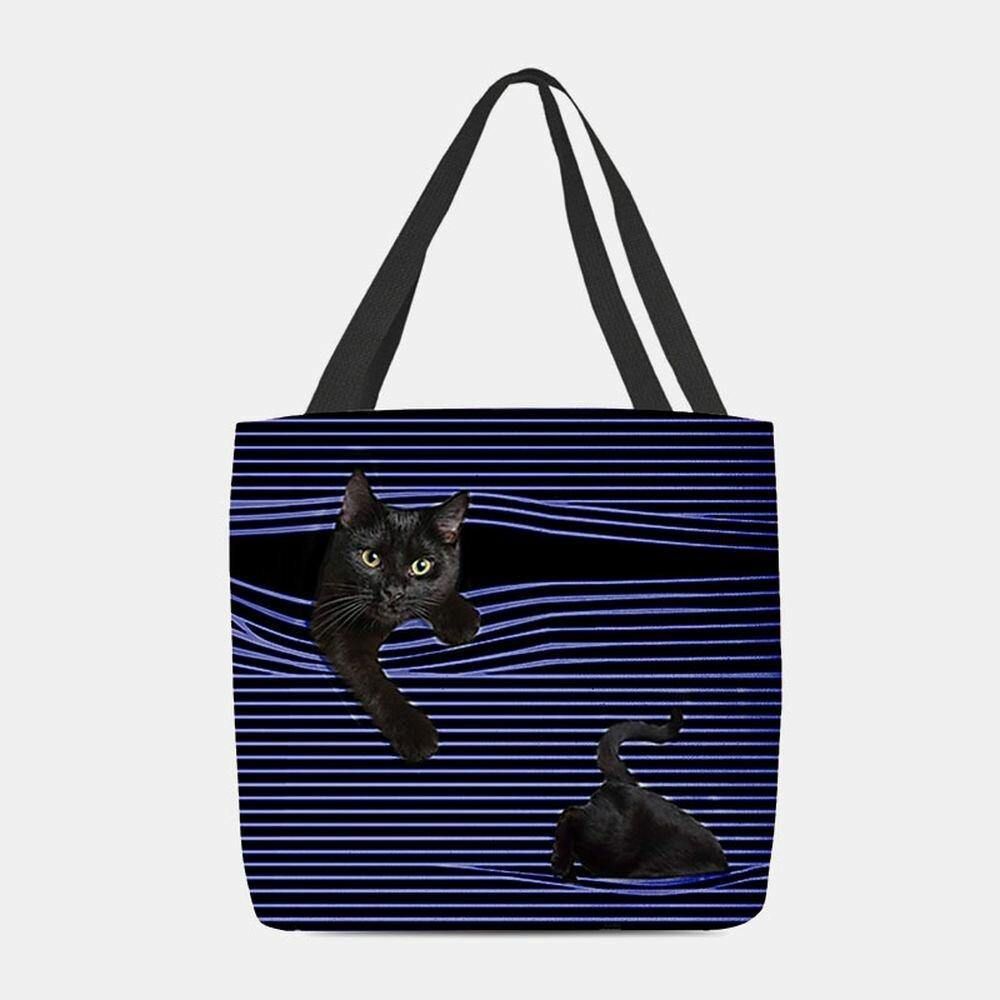 Frauen Fühlte Niedliche 3D Dreidimensionale Schwarze Katze Streifen Muster Umhängetasche Handtasche Tote