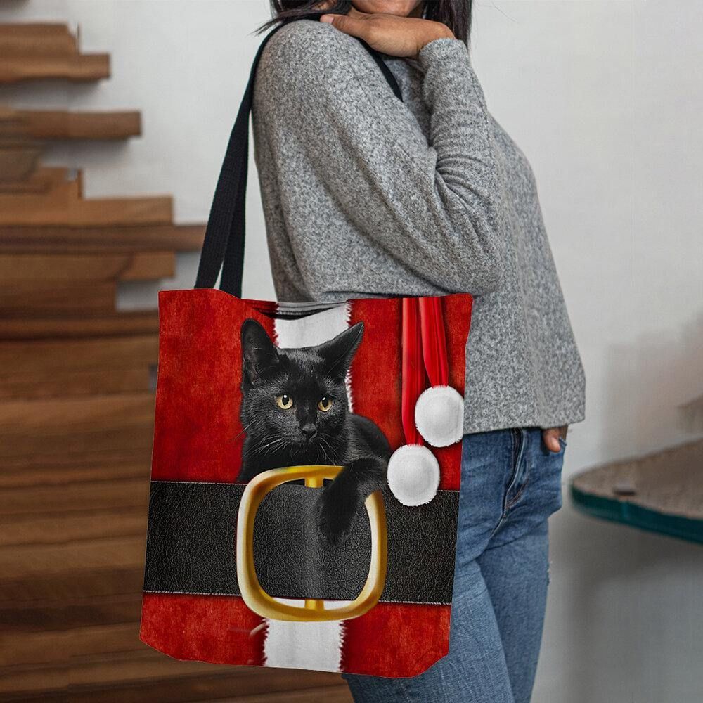 Frauen Fühlten Sich Niedlich Festlich 3D Cartoon Weihnachten Schwarze Katze Muster Umhängetasche Handtasche Tote