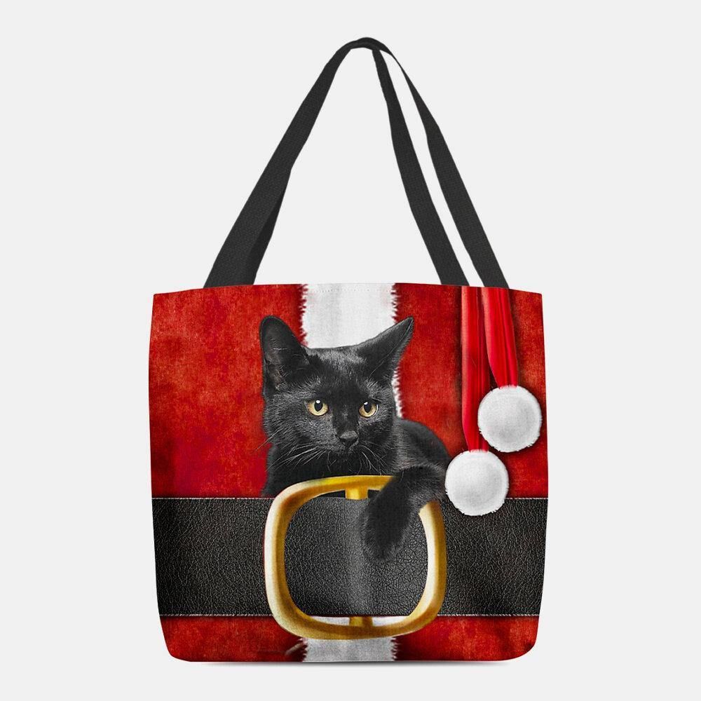 Frauen Fühlten Sich Niedlich Festlich 3D Cartoon Weihnachten Schwarze Katze Muster Umhängetasche Handtasche Tote