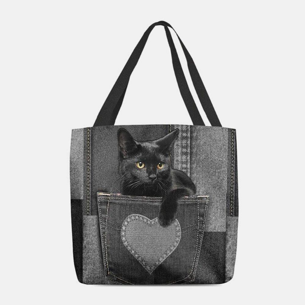 Frauen Fühlten Sich Niedliche 3D-Dreidimensionale Schwarze Katze Im Jeans-Muster Umhängetasche Handtasche Tote