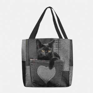 Frauen Fühlten Sich Niedliche 3D-Dreidimensionale Schwarze Katze Im Jeans-Muster Umhängetasche Handtasche Tote