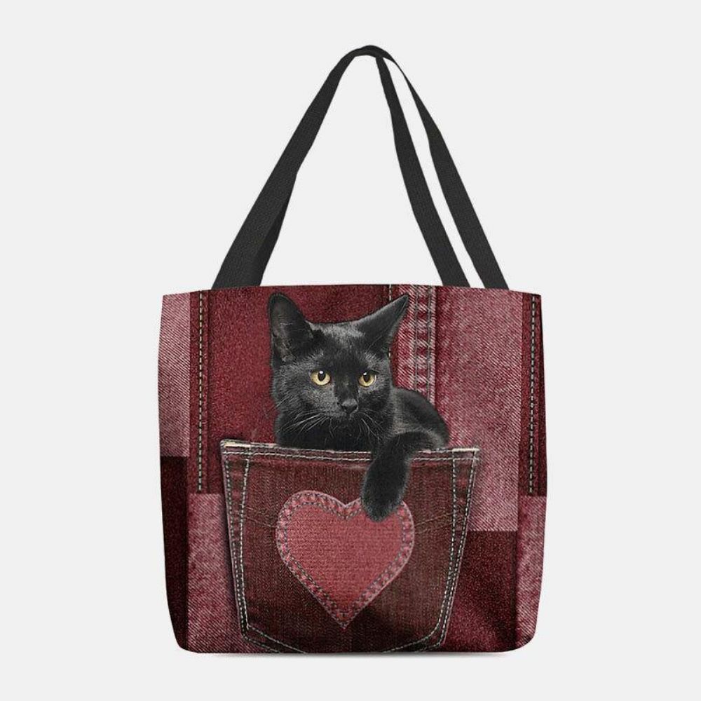 Frauen Fühlten Sich Niedliche 3D-Dreidimensionale Schwarze Katze Im Jeans-Muster Umhängetasche Handtasche Tote