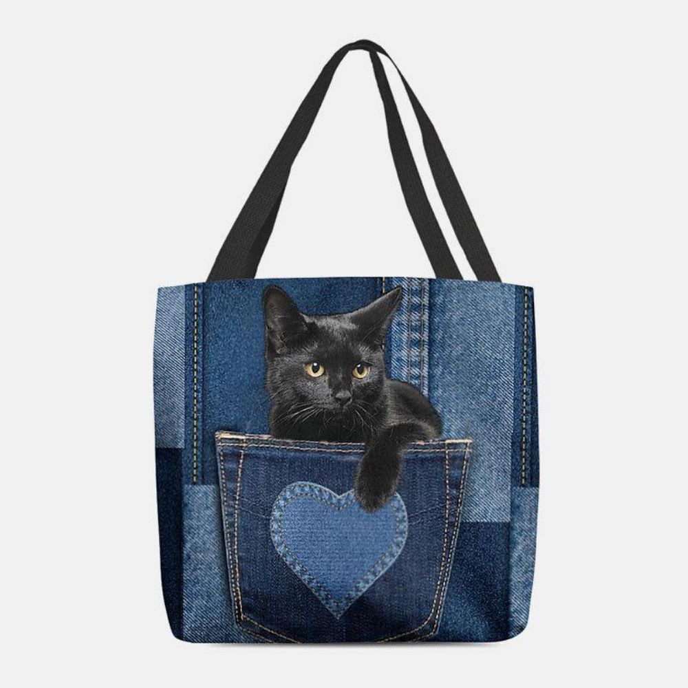 Frauen Fühlten Sich Niedliche 3D-Dreidimensionale Schwarze Katze Im Jeans-Muster Umhängetasche Handtasche Tote