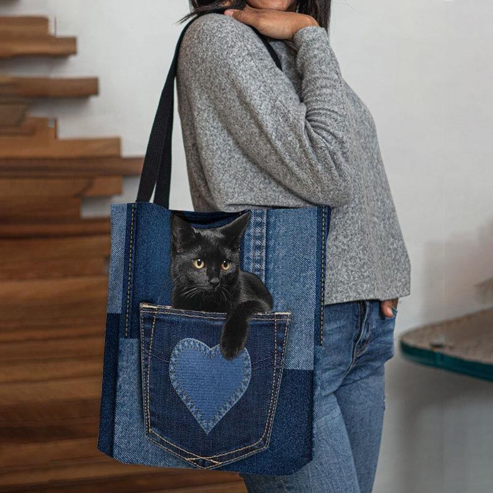 Frauen Fühlten Sich Niedliche 3D-Dreidimensionale Schwarze Katze Im Jeans-Muster Umhängetasche Handtasche Tote