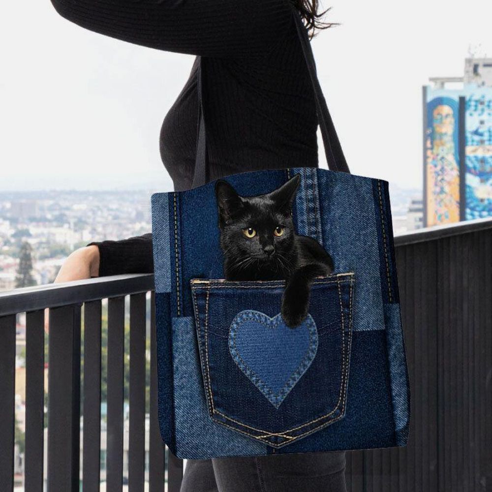 Frauen Fühlten Sich Niedliche 3D-Dreidimensionale Schwarze Katze Im Jeans-Muster Umhängetasche Handtasche Tote