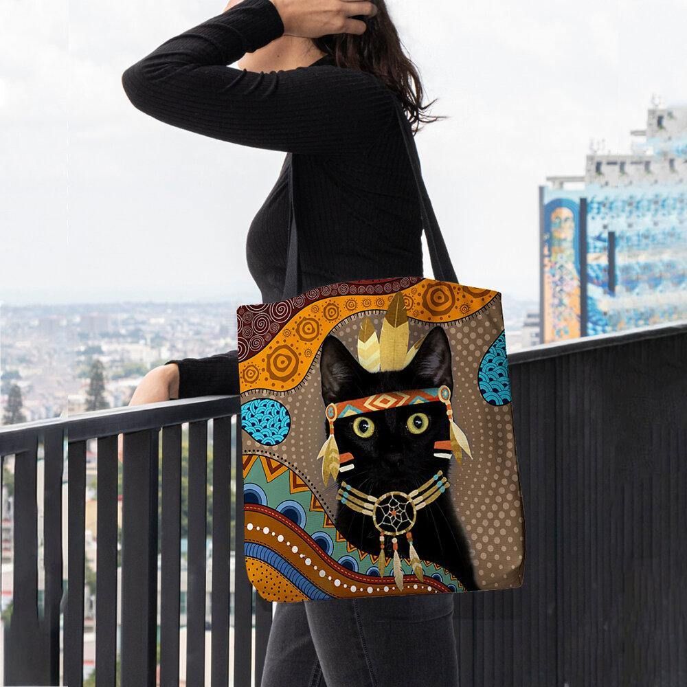 Frauen Fühlten Sich Niedliche Cartoon-Ägyptisch Gekleidete Schwarze Katze Muster Umhängetasche Handtasche Tote