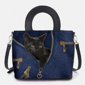 Frauen-Kunstleder-Karikatur-Schwarze Katzen-Muster Multi-Carry-Handtasche Umhängetasche Umhängetasche