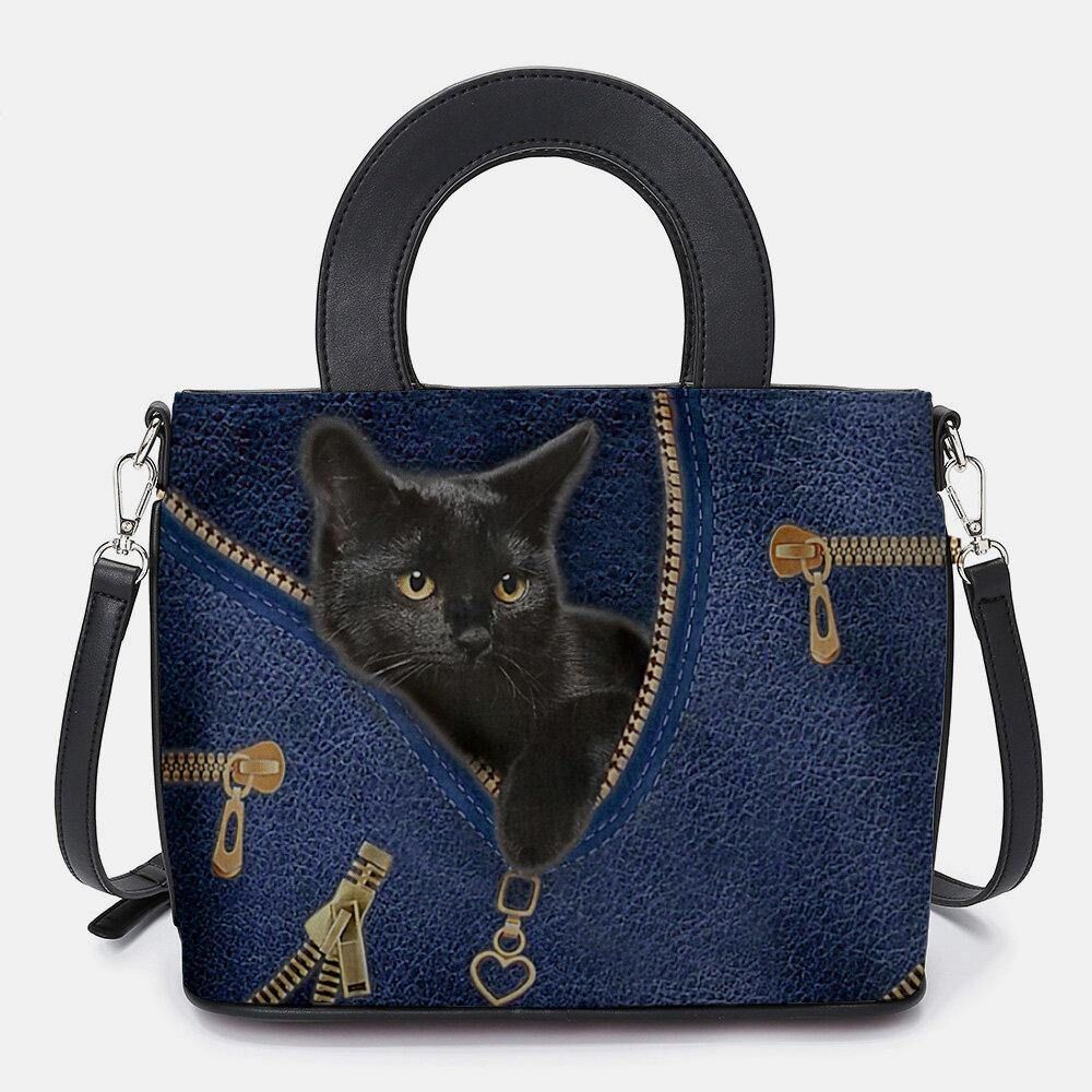 Frauen-Kunstleder-Karikatur-Schwarze Katzen-Muster Multi-Carry-Handtasche Umhängetasche Umhängetasche