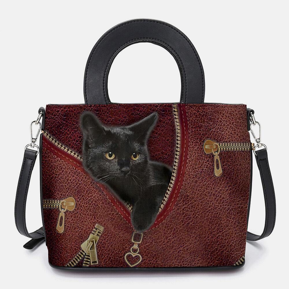 Frauen-Kunstleder-Karikatur-Schwarze Katzen-Muster Multi-Carry-Handtasche Umhängetasche Umhängetasche