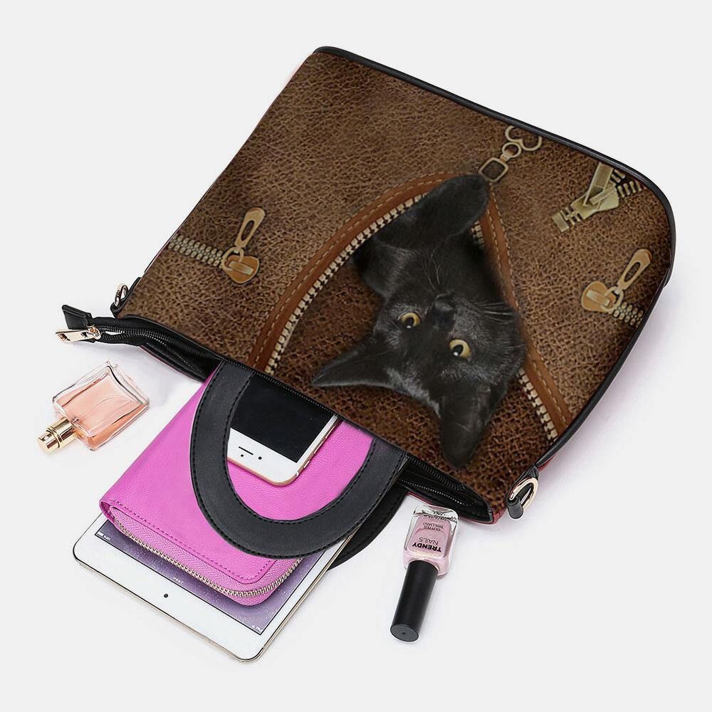 Frauen-Kunstleder-Karikatur-Schwarze Katzen-Muster Multi-Carry-Handtasche Umhängetasche Umhängetasche