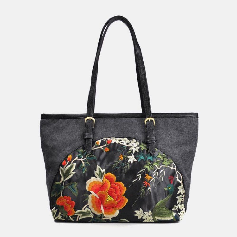 Frauen Leinwand Ethnischen Stil Bestickt Blumen Große Kapazität Handtasche Umhängetasche Tote