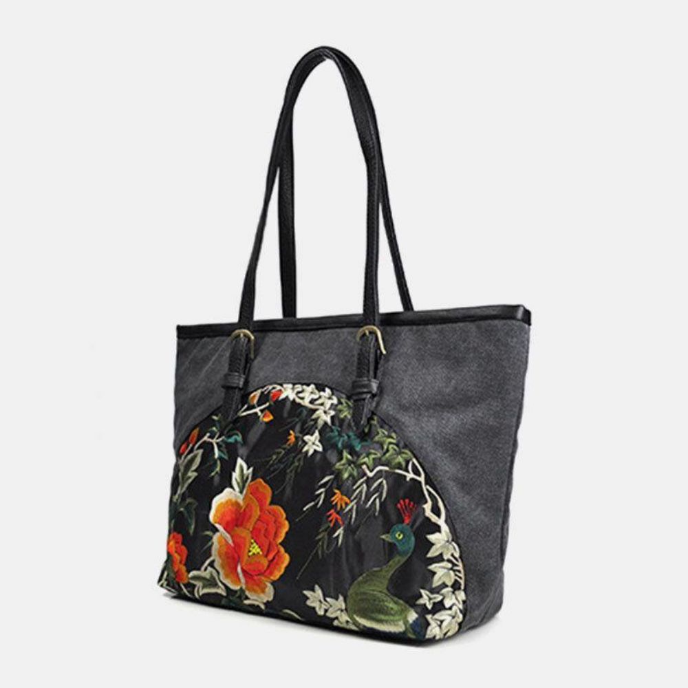 Frauen Leinwand Ethnischen Stil Bestickt Blumen Große Kapazität Handtasche Umhängetasche Tote