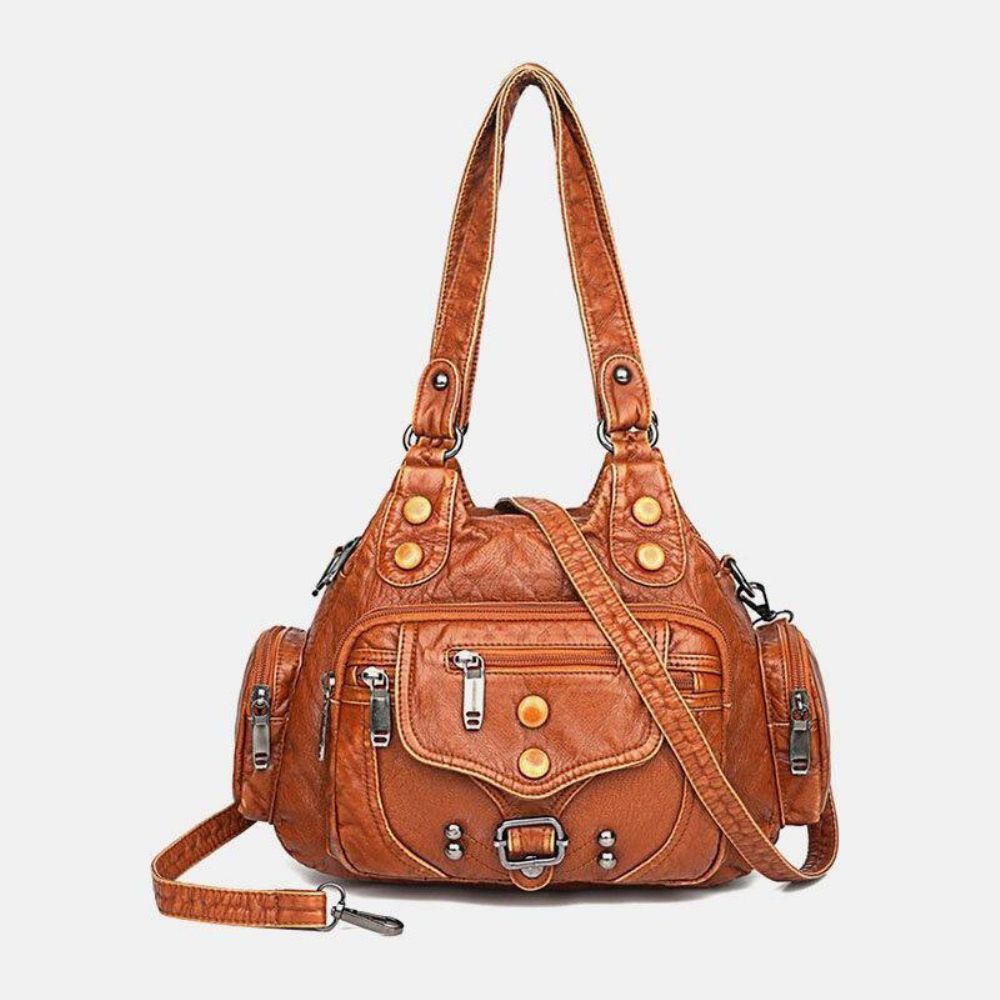 Frauen Pu-Leder Große Kapazität Multi-Pocket-Niet-Dekoration Retro Soft Tote Handtaschen Crossbody-Taschen