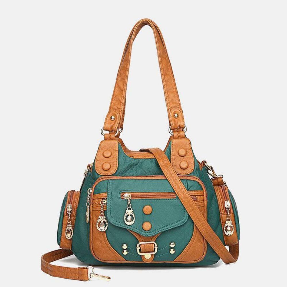 Frauen Pu-Leder Große Kapazität Multi-Pocket-Niet-Dekoration Retro Soft Tote Handtaschen Crossbody-Taschen