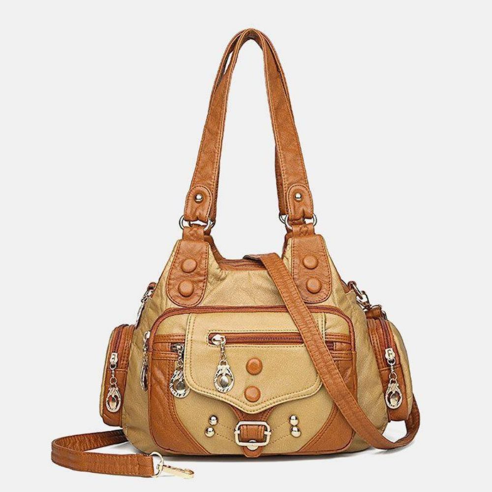 Frauen Pu-Leder Große Kapazität Multi-Pocket-Niet-Dekoration Retro Soft Tote Handtaschen Crossbody-Taschen