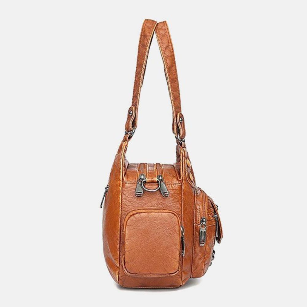 Frauen Pu-Leder Große Kapazität Multi-Pocket-Niet-Dekoration Retro Soft Tote Handtaschen Crossbody-Taschen