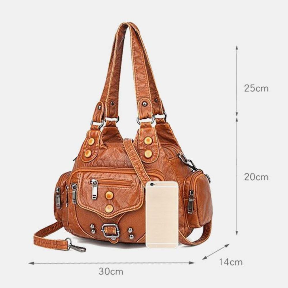 Frauen Pu-Leder Große Kapazität Multi-Pocket-Niet-Dekoration Retro Soft Tote Handtaschen Crossbody-Taschen