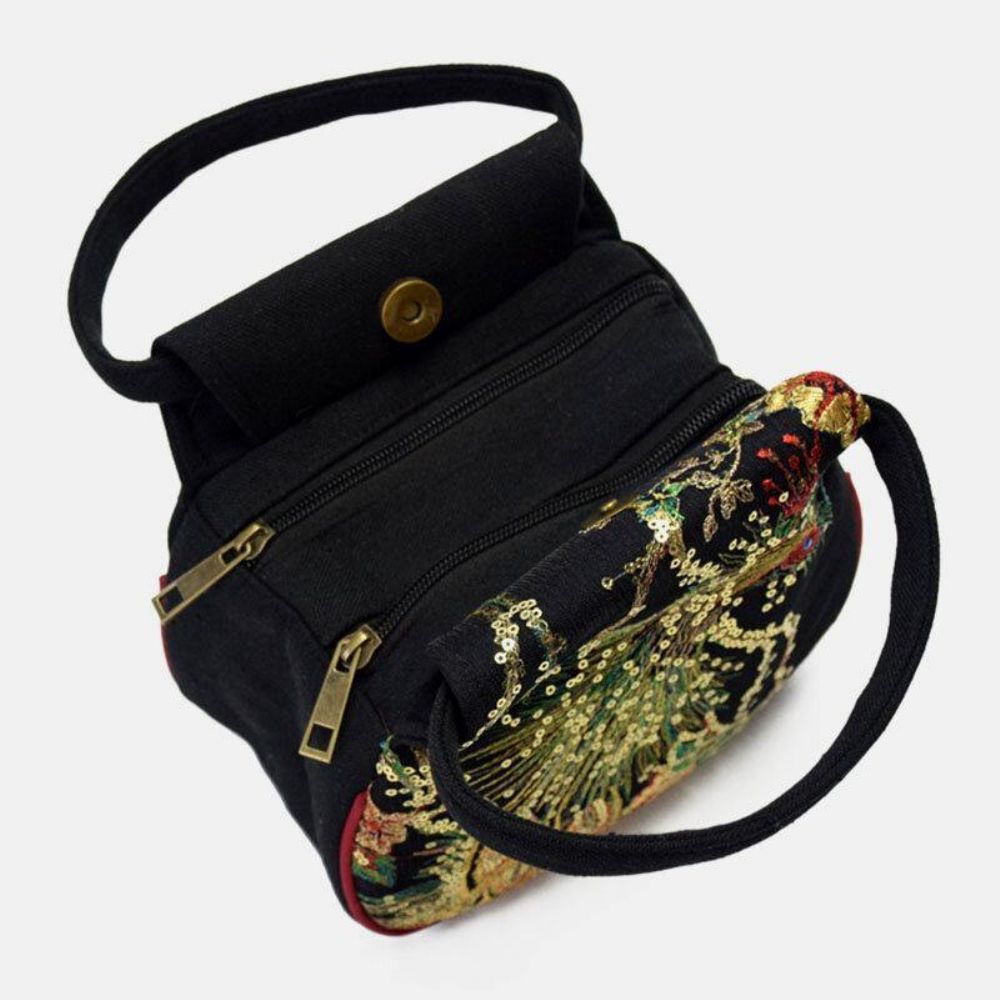 Frauen-Segeltuch-Ethno-Art-Stickerei-Pfau-Muster-Beiläufige Elegante Minidamen-Handtasche