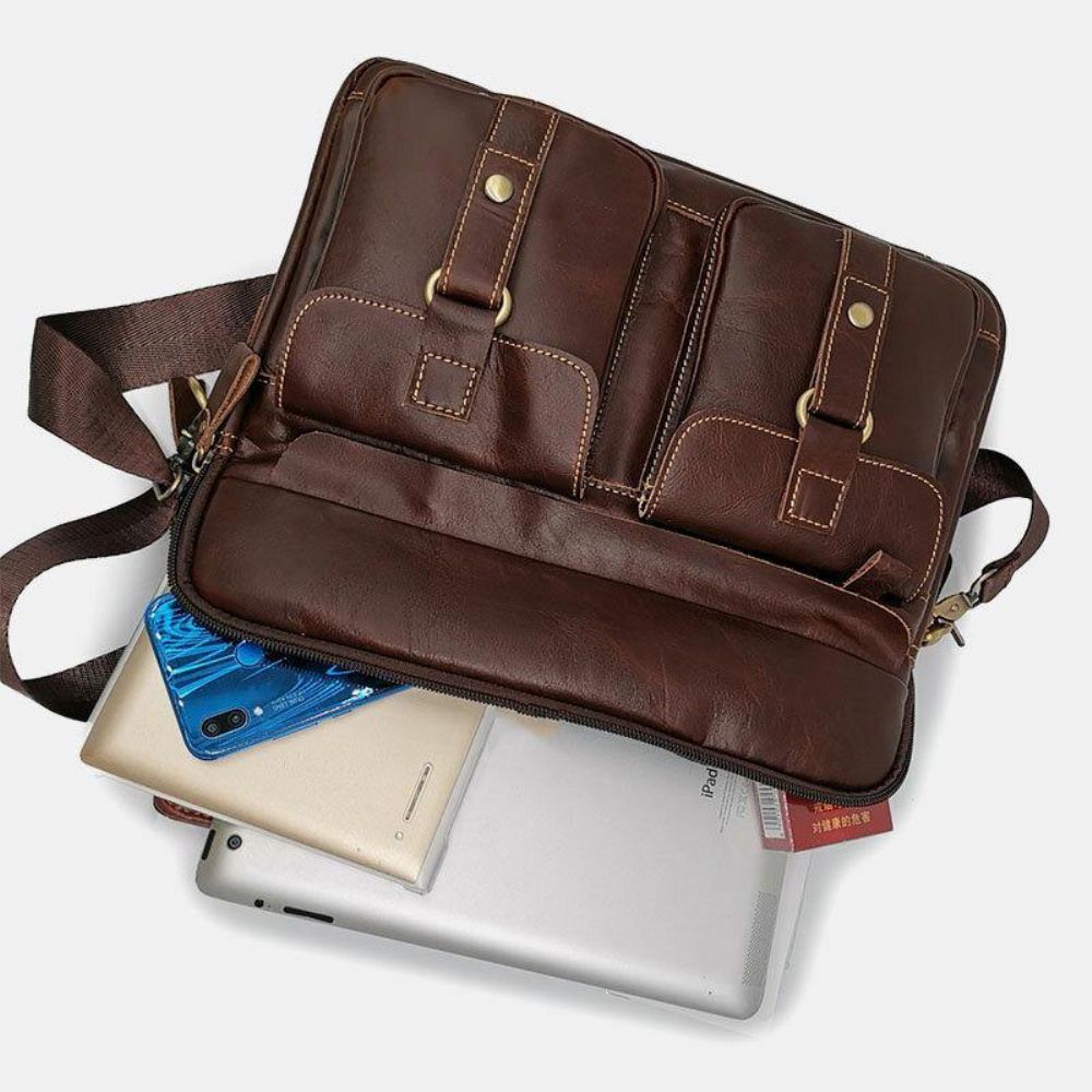 Herren Echtes Leder Multi-Pocket Handtasche Business Bag Laptoptasche Umhängetasche