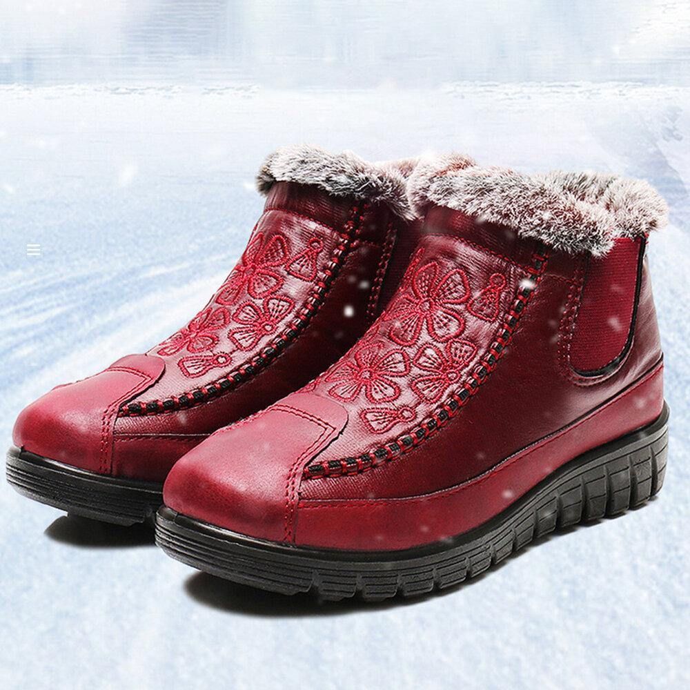 Bequeme Mit Blumen Bestickte Wasserdichte Warm Gefütterte Baumwoll-Schneestiefel Für Damen