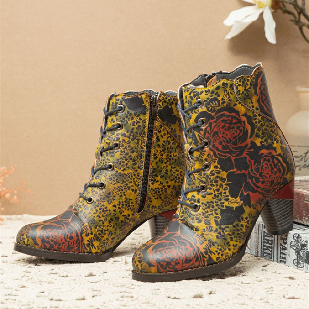 Bequeme Warm Gefütterte Kurze Stiefel Mit Klobigem Absatz Und Vintage-Blumendruck