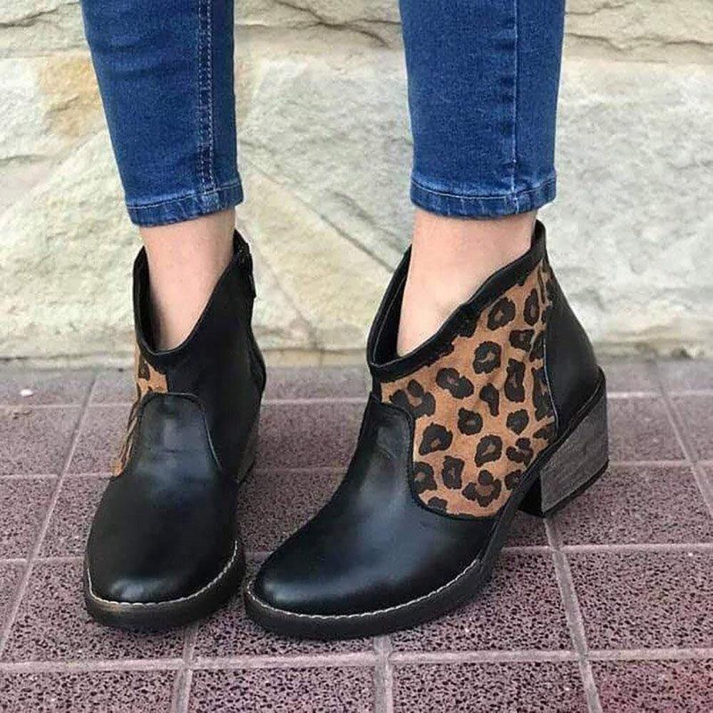 Casual Splicing Leopard Side Zipper Chunky Heel Cowboy Ankle Boots Stiefel Für Damen