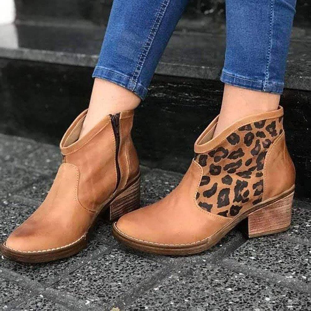 Casual Splicing Leopard Side Zipper Chunky Heel Cowboy Ankle Boots Stiefel Für Damen