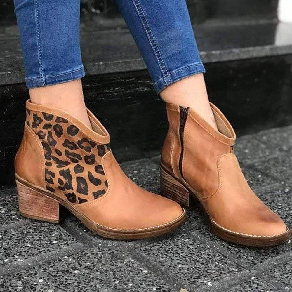 Casual Splicing Leopard Side Zipper Chunky Heel Cowboy Ankle Boots Stiefel Für Damen