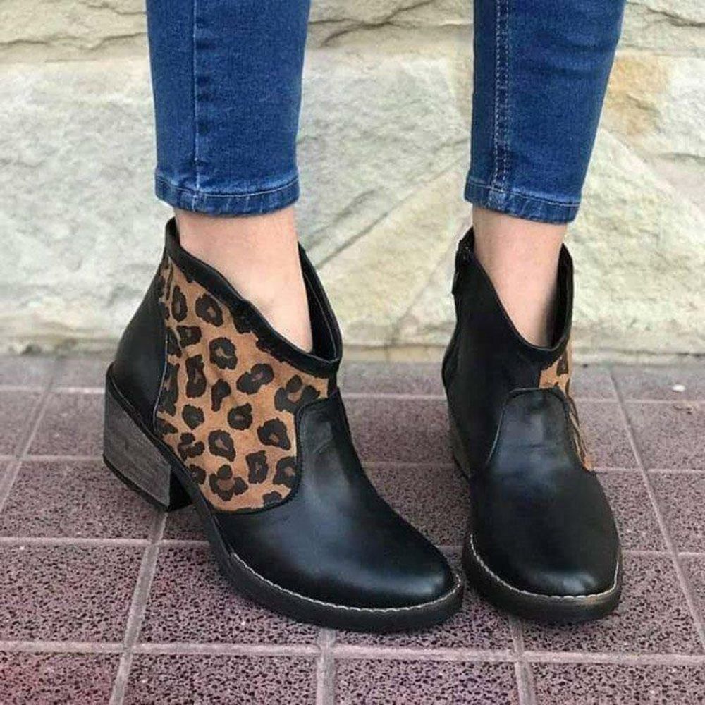 Casual Splicing Leopard Side Zipper Chunky Heel Cowboy Ankle Boots Stiefel Für Damen