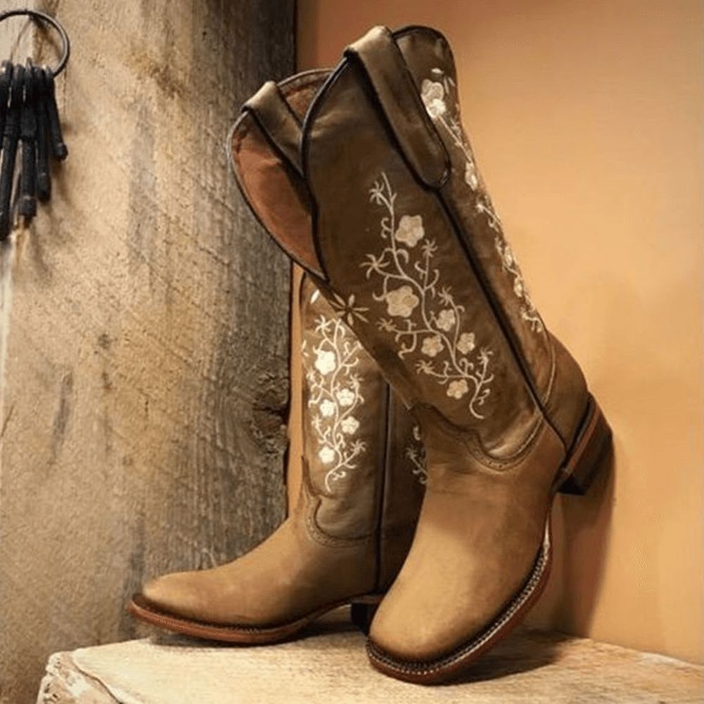 Cowboy-Stiefel Im Retro-Stil Mit Eckiger Zehenpartie Und Mittelhohem Blockabsatz Für Damen