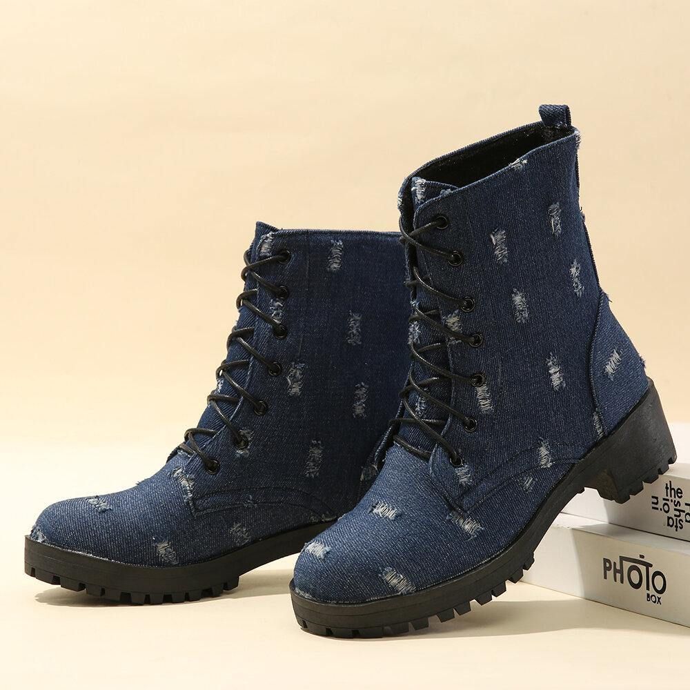 Damen-Denim-Rundzehen-Schnürstiefel Mit Klobigem Absatz