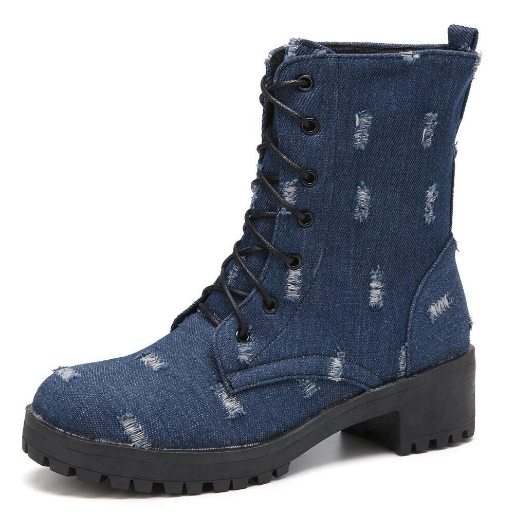 Damen-Denim-Rundzehen-Schnürstiefel Mit Klobigem Absatz