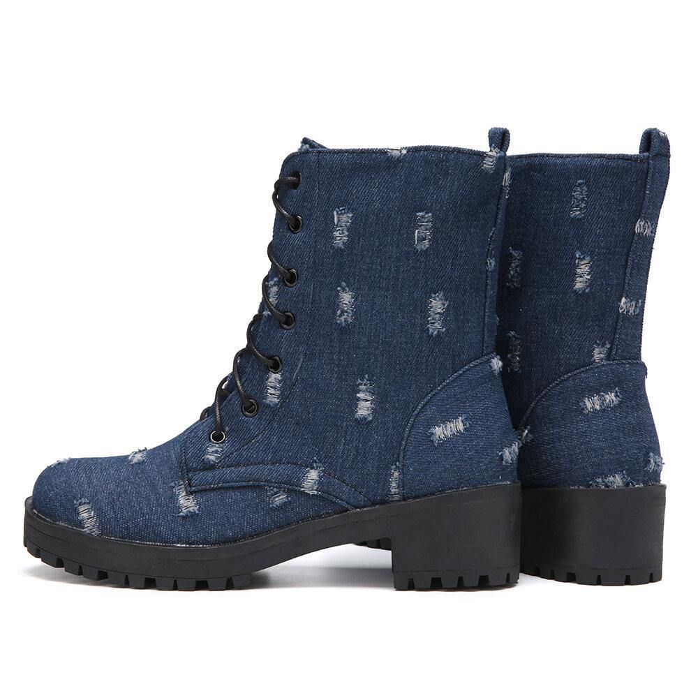 Damen-Denim-Rundzehen-Schnürstiefel Mit Klobigem Absatz