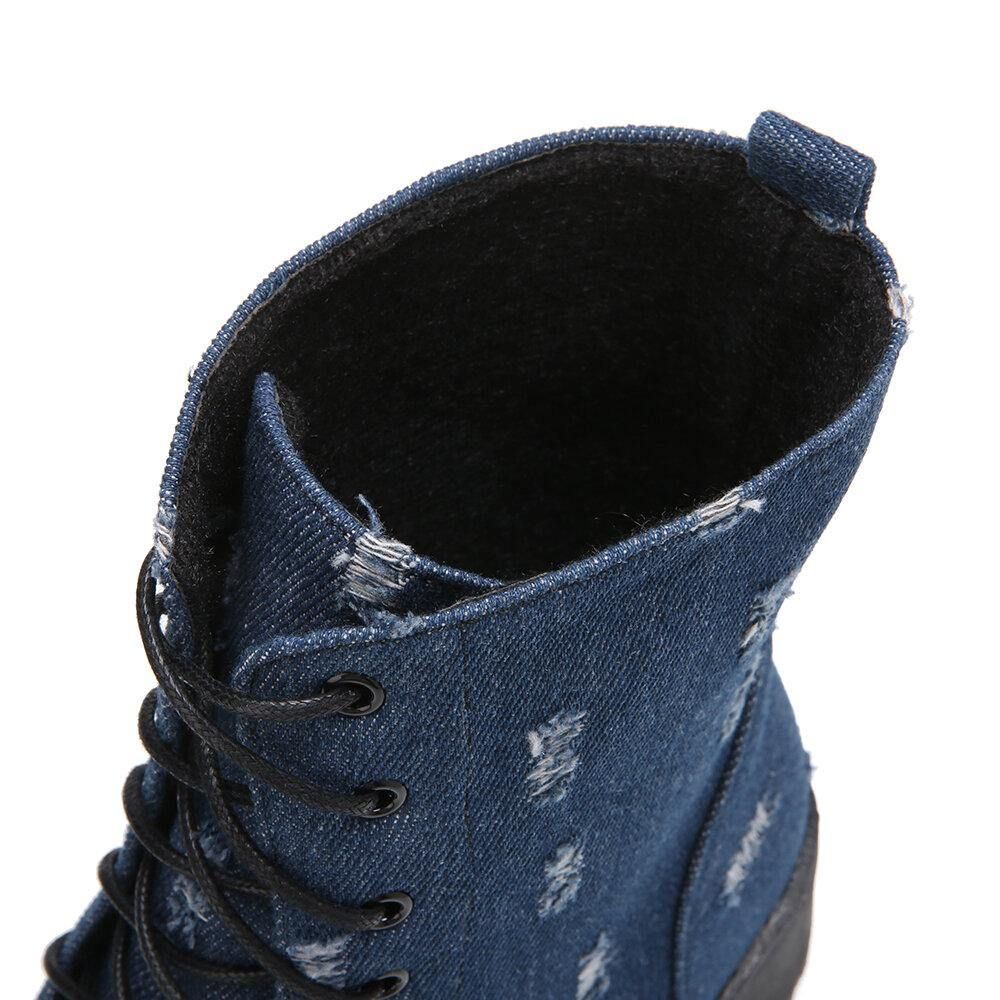 Damen-Denim-Rundzehen-Schnürstiefel Mit Klobigem Absatz