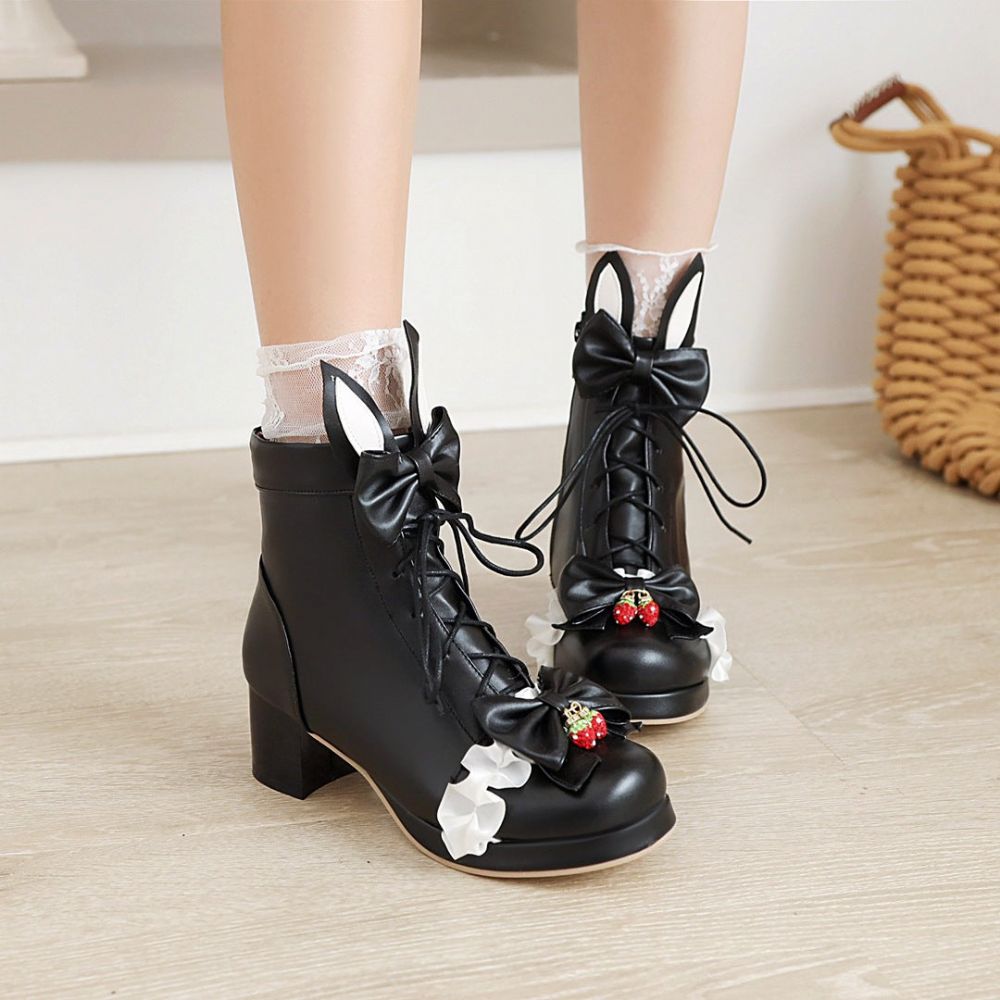 Damen Lolita Kurze Stiefel Strawberry Girl Süße Weiche Mädchen Martin Stiefel Mit Dicken Sohlen