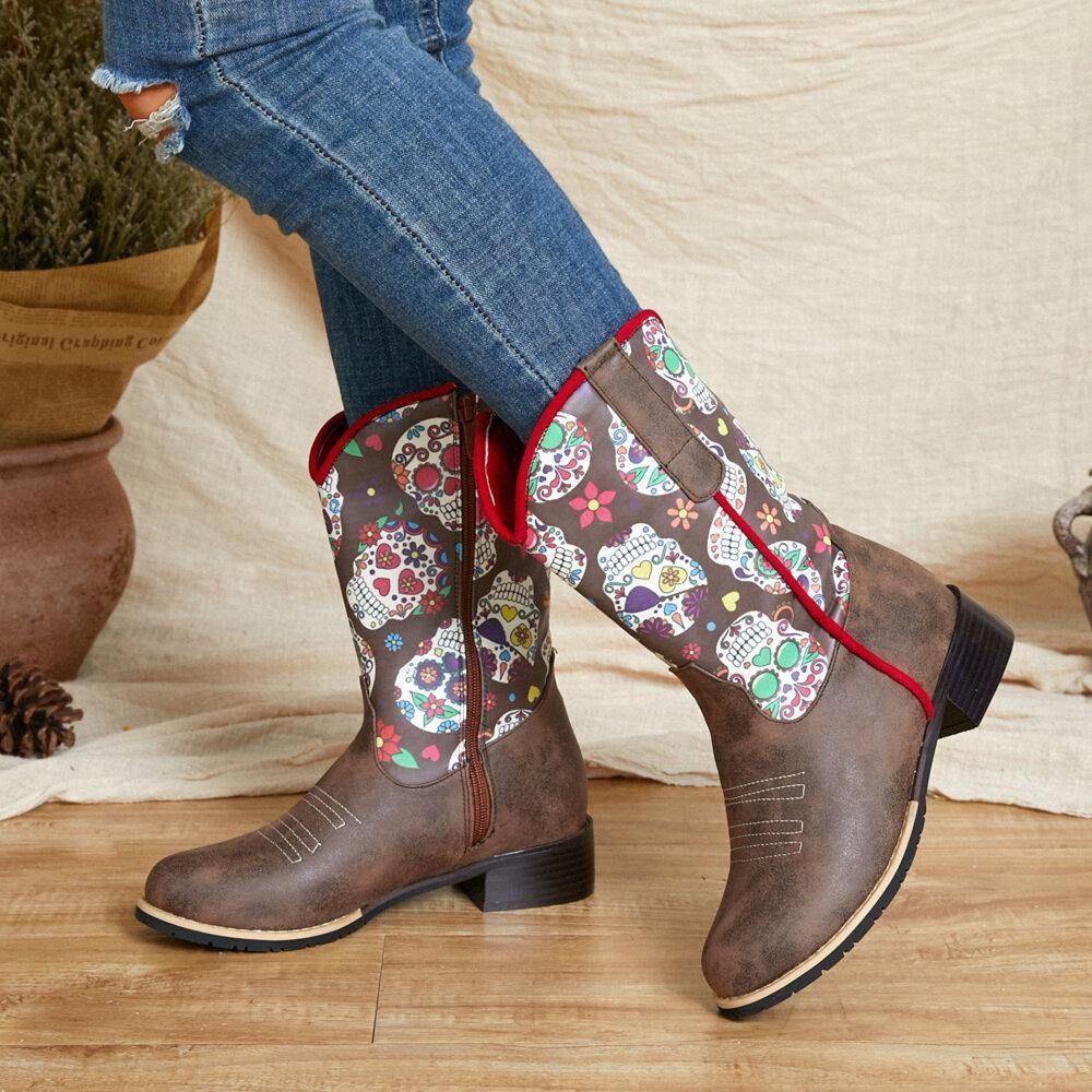 Frauen-Retro-Blumendruck Mit Spitzem Zehenreißverschluss Mittlere Waden-Cowboystiefel