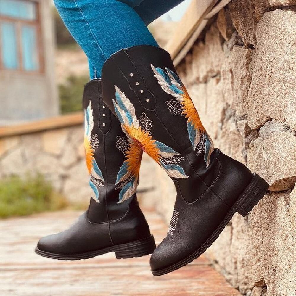 Große Damen-Sonnenblumen-Stickerei Weiche Bequeme Cowboy-Stiefel Mit Blockabsatz