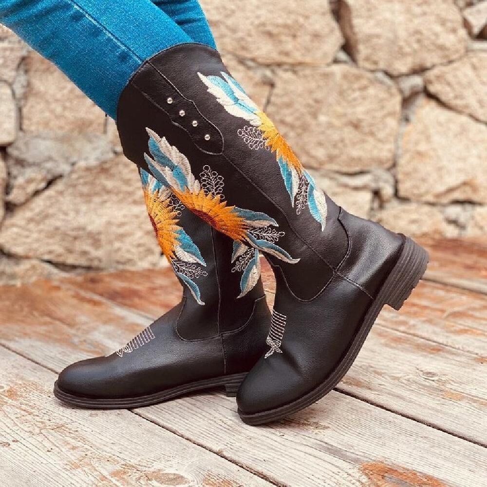 Große Damen-Sonnenblumen-Stickerei Weiche Bequeme Cowboy-Stiefel Mit Blockabsatz