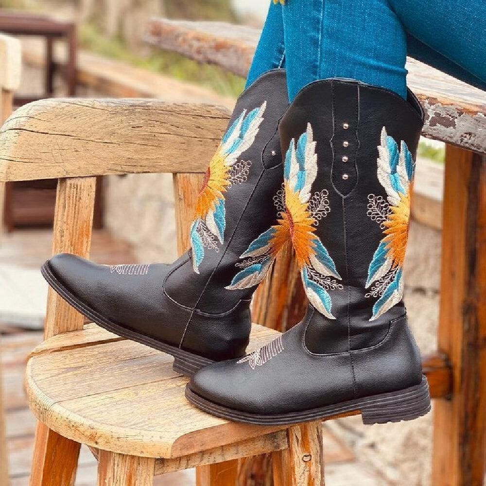 Große Damen-Sonnenblumen-Stickerei Weiche Bequeme Cowboy-Stiefel Mit Blockabsatz